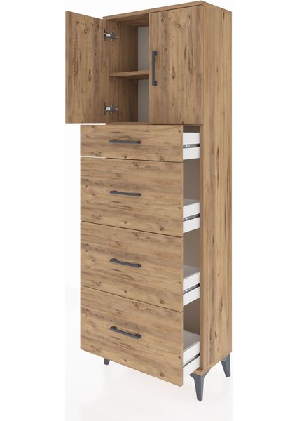 Arges Dolap 2 Raflı 4 Çekmeceli 2 Kapaklı 60X30X182 Çam-Çam fırsatları