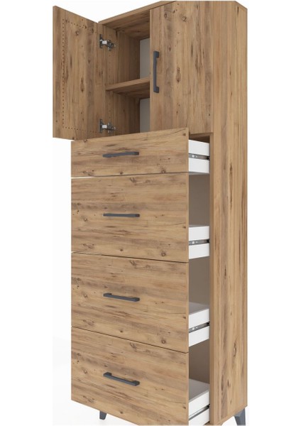 Arges Dolap 2 Raflı 4 Çekmeceli 2 Kapaklı 60X30X182 Çam-Çam indirimleri