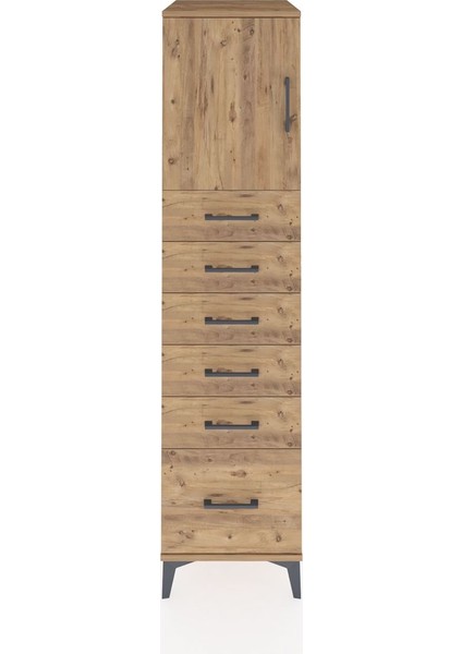 Kronos Dolap Tek Raflı 6 Çekmeceli Tek Kapaklı 44X59X182 Çam-Çam
