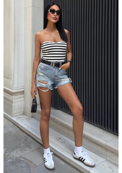 Mathilde Straplez Crop Top -Beyaz/siyah
