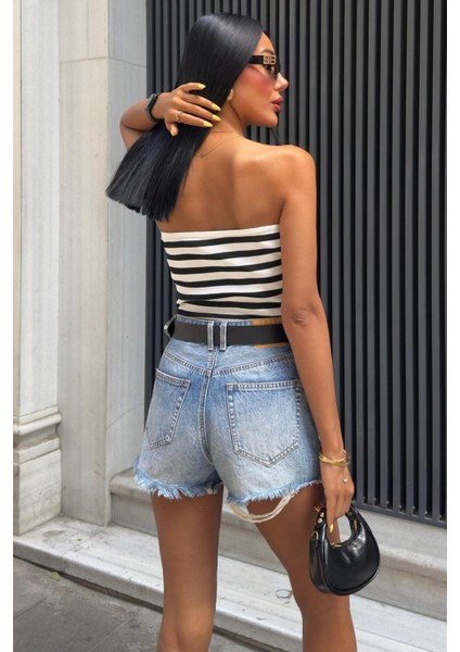 Mathilde Straplez Crop Top -Beyaz/siyah modelleri