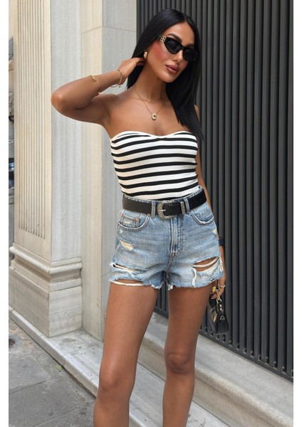 Mathilde Straplez Crop Top -Beyaz/siyah fırsatları