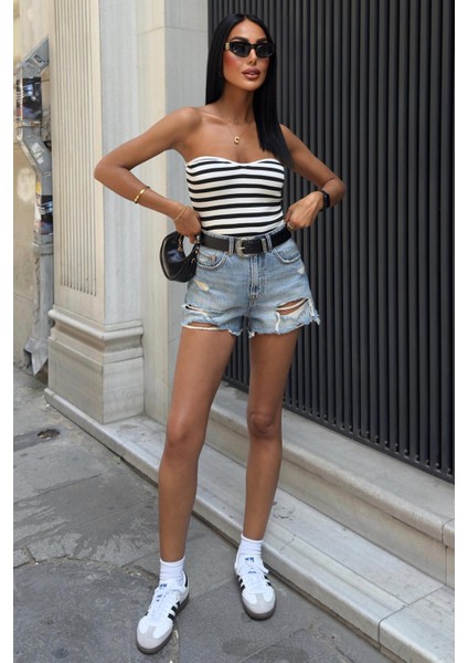 Mathilde Straplez Crop Top -Beyaz/siyah