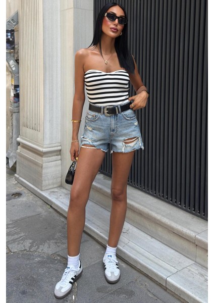 Mathilde Straplez Crop Top -Beyaz/siyah