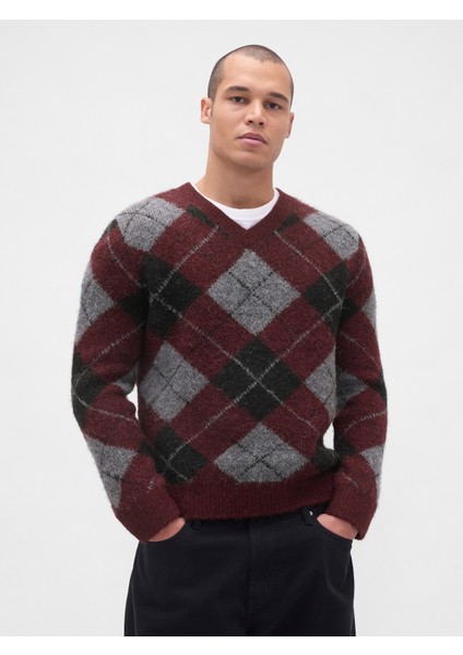 Erkek Kırmızı Brushed V Yaka Kazak