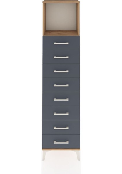 Arges Dolap Tek Raflı 8 Çekmeceli 44X30X182 Çam-Antrasit
