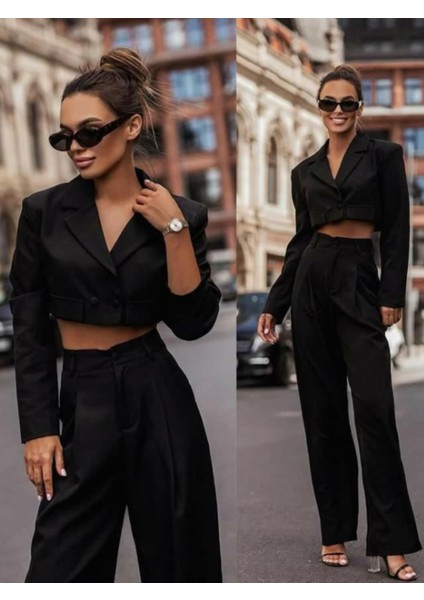 Siyah Crop Ceket Pantolon Takımı