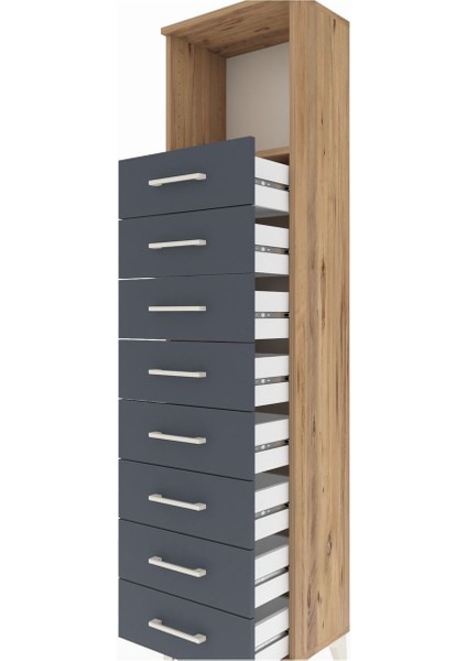 Arges Dolap Tek Raflı 8 Çekmeceli 44X30X182 Çam-Antrasit indirimleri