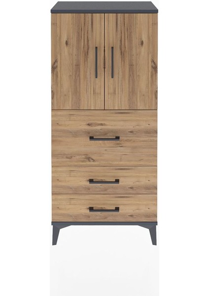 Arges Dolap Tek Raflı 3 Çekmeceli 2 Kapaklı 60X30X134 Antrasit-Çam