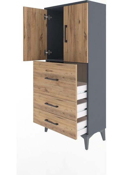 Arges Dolap Tek Raflı 3 Çekmeceli 2 Kapaklı 60X30X134 Antrasit-Çam fırsatları
