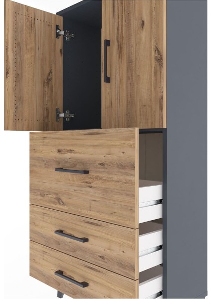 Arges Dolap Tek Raflı 3 Çekmeceli 2 Kapaklı 60X30X134 Antrasit-Çam indirimleri