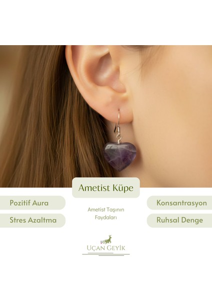 Doğal Ametist Kalpli Küpe – Şifa ve Enerji Taşı, Altın Kaplama Zarif Takı