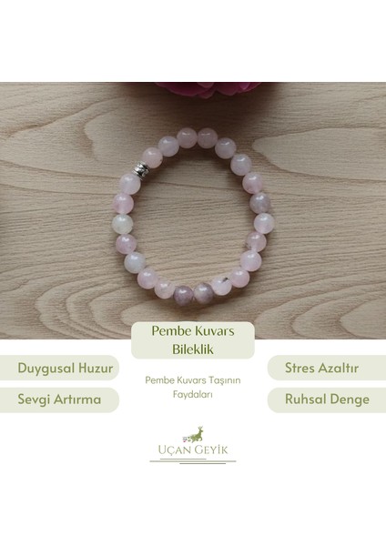 Doğal Pembe Kuvars Taş Bileklik 8 mm – Aşk ve Sevgi Taşı, Şifa ve Enerji Kristali, Elastik Takı