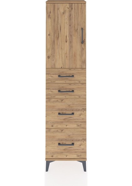 Arges Dolap Tek Raflı 4 Çekmeceli Tek Kapaklı 44X30X182 Çam-Çam