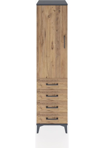 Hyperion Dolap 2 Raflı 4 Çekmeceli Tek Kapaklı 44X44X182 Antrasit-Çam