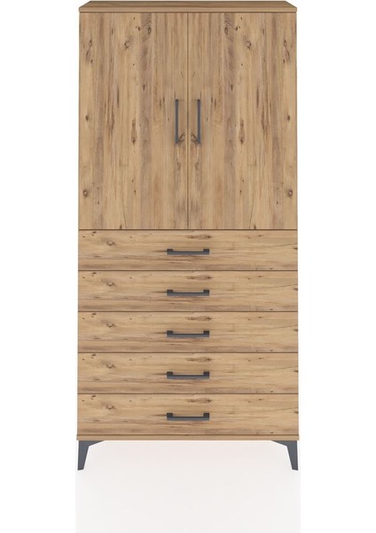 Arges Dolap Tek Raflı 5 Çekmeceli Tek Askılı 88X30X182 Çam-Çam