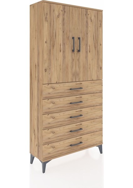 Arges Dolap Tek Raflı 5 Çekmeceli Tek Askılı 88X30X182 Çam-Çam fiyatları