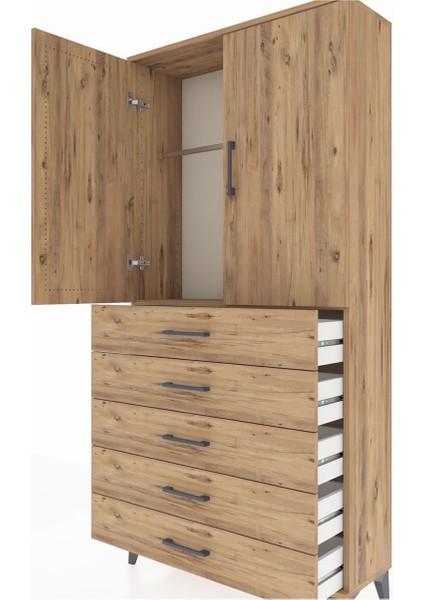 Arges Dolap Tek Raflı 5 Çekmeceli Tek Askılı 88X30X182 Çam-Çam indirimleri