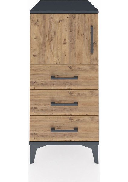 Kronos Komodin Tek Raflı 3 Çekmeceli Tek Kapaklı 44X59X96 Antrasit-Çam