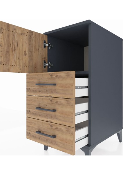 Kronos Komodin Tek Raflı 3 Çekmeceli Tek Kapaklı 44X59X96 Antrasit-Çam indirimleri