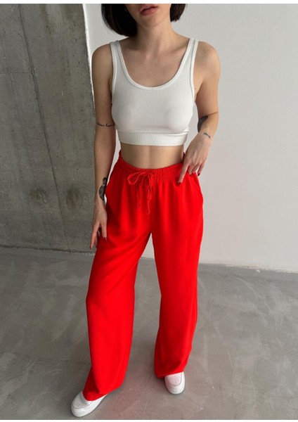 Linda Kumaş Siyah Keten Karışımlı Bol Kesim Pantolon Beli Lastikli Beli Bağcıklı