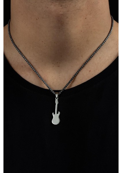 Gümüş Renk Gitar Model Unisex Arnavut Zincir Çelik Kolye