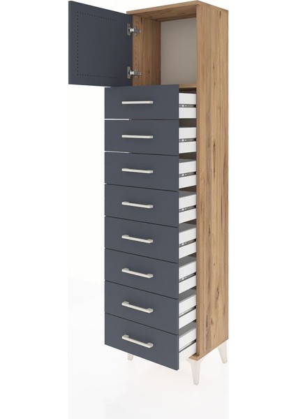 Arges Dolap Tek Raflı 8 Çekmeceli Tek Kapaklı 44X30X182 Çam-Antrasit fırsatları