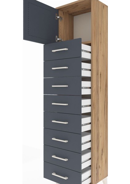 Arges Dolap Tek Raflı 8 Çekmeceli Tek Kapaklı 44X30X182 Çam-Antrasit indirimleri