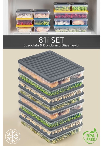 8'li Saklama Kabı , Mikrodalga Uyumlu Erzak Saklama Kabı Antrasit 8 x 2400 ml