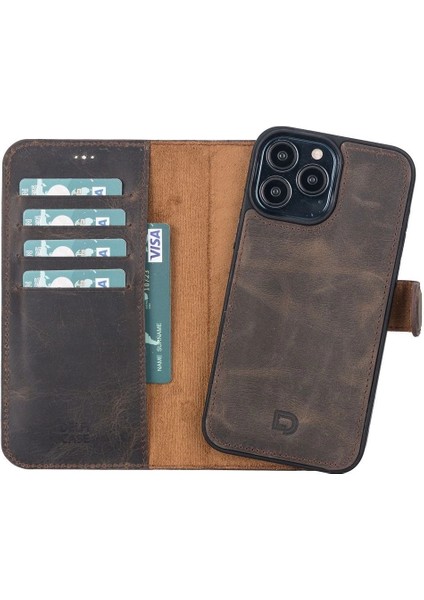 Apple iPhone 13 Pro Max Uyumlu Deri Cüzdanlı Kılıf Acı Kahve