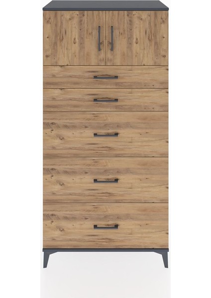 Hyperion Dolap Tek Raflı 5 Çekmeceli 2 Kapaklı 88X44X182 Antrasit-Çam