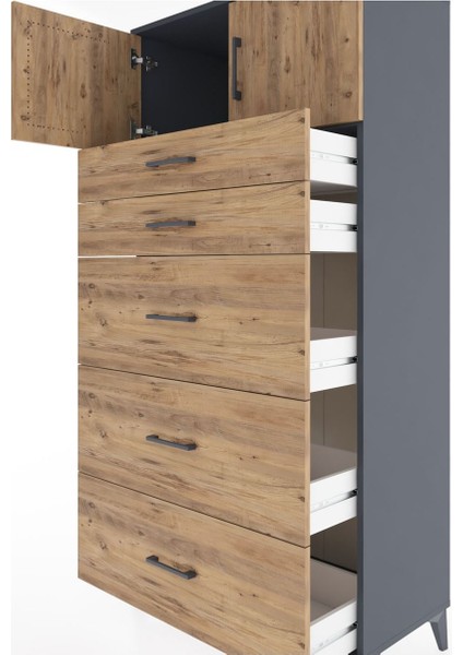 Hyperion Dolap Tek Raflı 5 Çekmeceli 2 Kapaklı 88X44X182 Antrasit-Çam indirimleri