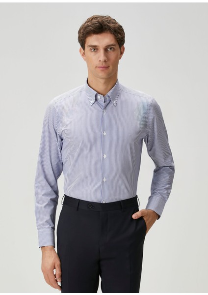 Custom Fit Koyu Mavi Çizgi Desenli Gömlek