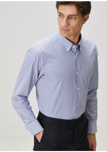 Custom Fit Koyu Mavi Çizgi Desenli Gömlek fiyatları
