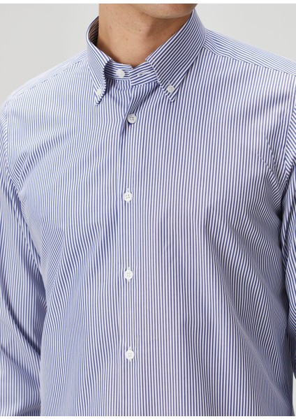 Custom Fit Koyu Mavi Çizgi Desenli Gömlek