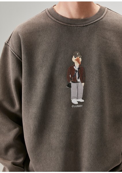 Kahverengi Kaz Nakışlı Sweatshirt