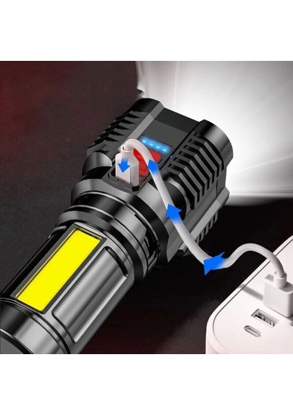 Ultra Parlak El Feneri USB Şarj 4 Led+Yan Cob LED Taktik Günlük Hayat Kamp Avcılık El Feneri