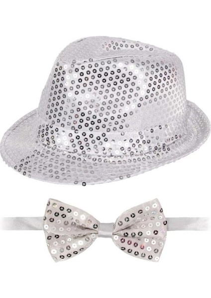 Gümüş Payetli Şapka ve Papyon Seti – Parıltılı Yetişkin Kostüm Seti fiyatları