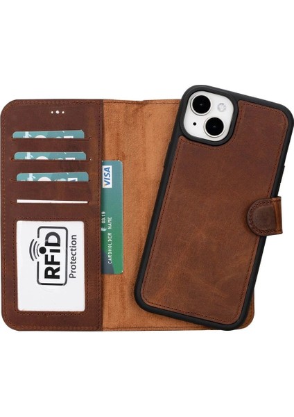 Apple iPhone 15 Plus Uyumlu Deri Cüzdanlı Kılıf Mwwn G2 Kahve
