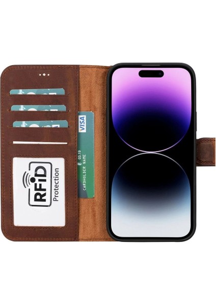 Apple iPhone 15 Plus Uyumlu Deri Cüzdanlı Kılıf Mwwn G2 Kahve fiyatları