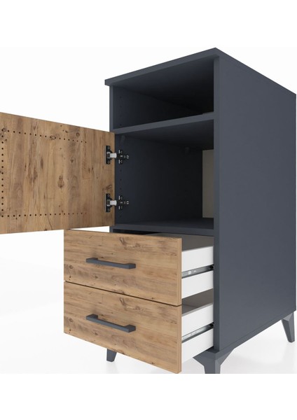 Kronos Komodin 2 Raflı 2 Çekmeceli Tek Kapaklı 44X59X96 Antrasit-Çam indirimleri