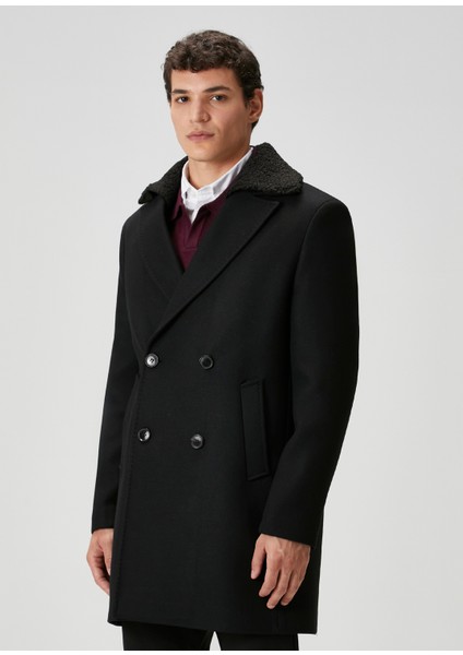 Siyah Shearling Detaylı Italyan Yün Kruvaze Palto fırsatları