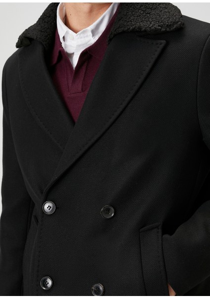Siyah Shearling Detaylı Italyan Yün Kruvaze Palto