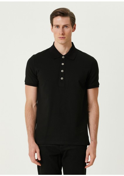 Siyah Polo Yaka Logo Jakarlı T-Shirt