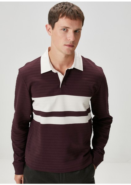 Bordo Polo Yaka Çizgi Desenli Sweatshirt