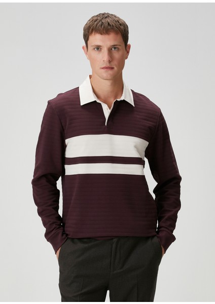Bordo Polo Yaka Çizgi Desenli Sweatshirt fiyatları