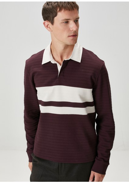 Bordo Polo Yaka Çizgi Desenli Sweatshirt fırsatları