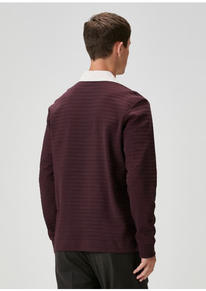 Bordo Polo Yaka Çizgi Desenli Sweatshirt