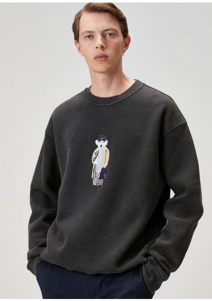 Antrasit Köpek Figürlü Oversized Sweatshirt