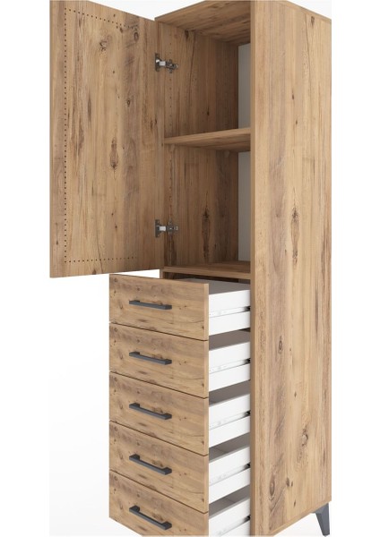 Hyperion Dolap 2 Raflı 5 Çekmeceli Tek Kapaklı 44X44X182 Çam-Çam indirimleri